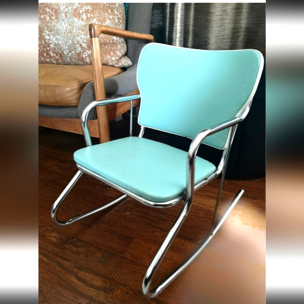 Mid century modern children's chrome rocking chair, 1960s Seafoam sparkle Vinyl